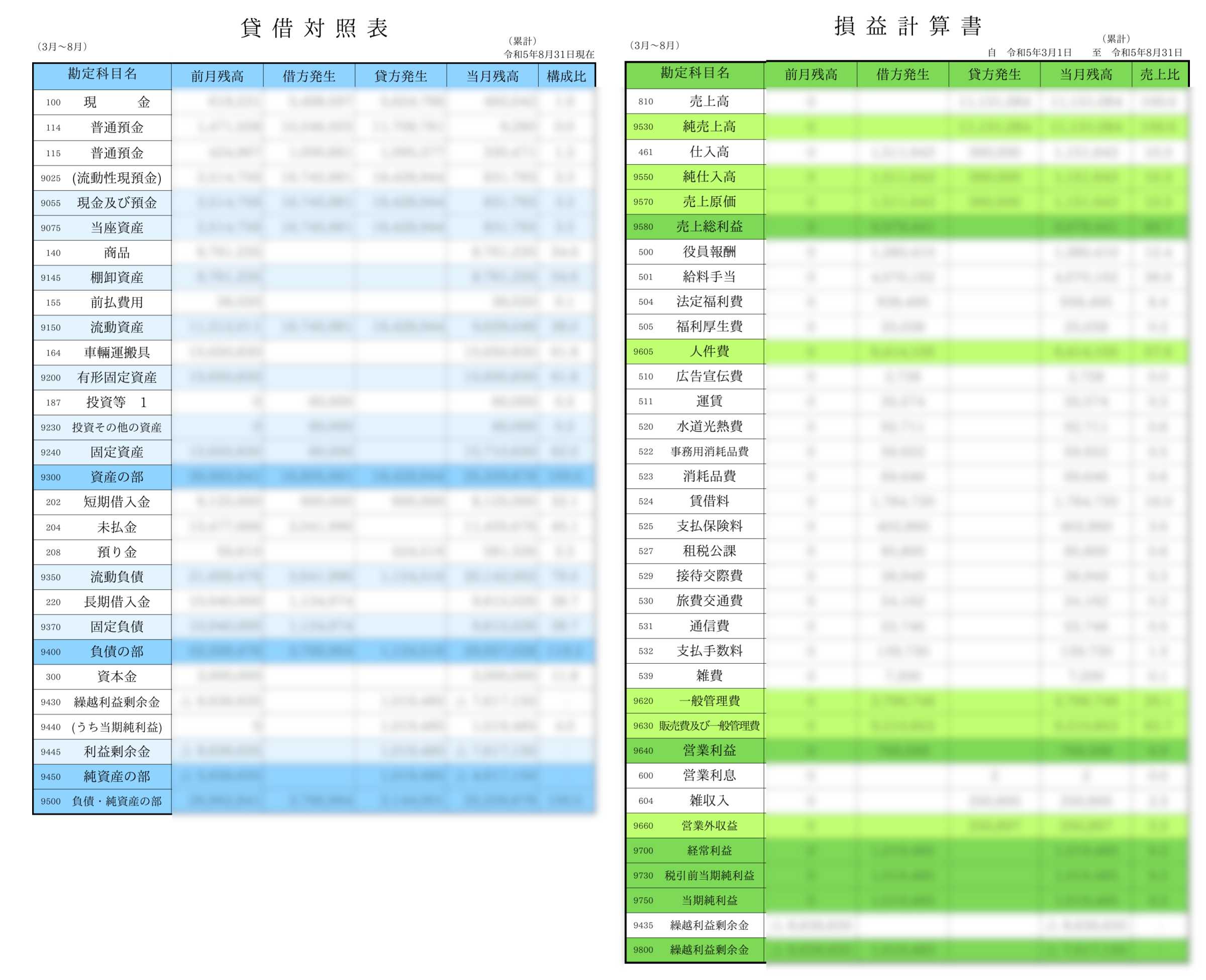 試算表の見本（貸借対照表と損益計算書）